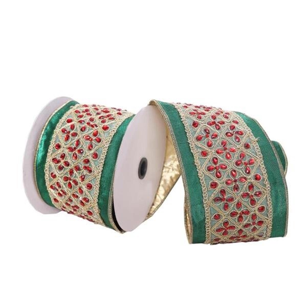 Vickerman 4 in. x 5 Yard Green with Red Jewels Wired Edge Christmas Ribbon - Q222752