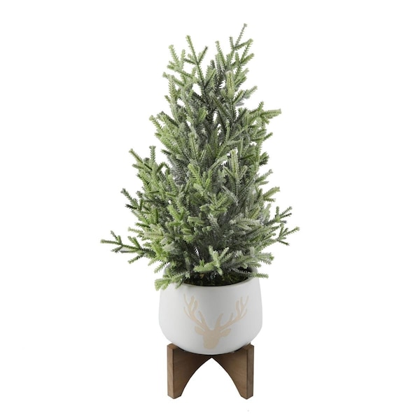 Flora Bunda 20 in.H Frosted Xmas Tree in 6 in. Staghead Ceramic on Wood Stand - CH1919E-WH