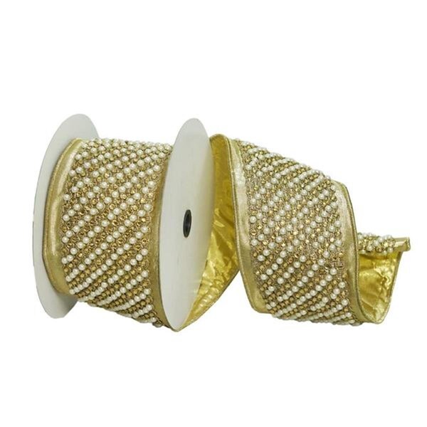 Vickerman 4 in. x 5 Yard Gold Jewel Pearls Wired Edge Christmas Ribbon - Q223393