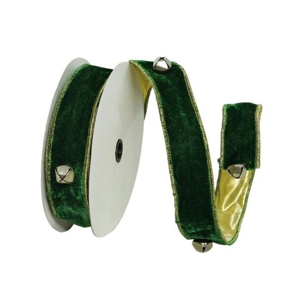 Vickerman 1.5 in. x 10 Yard Emerald Jingle Bells Wired Edge Christmas Ribbon - Q221527