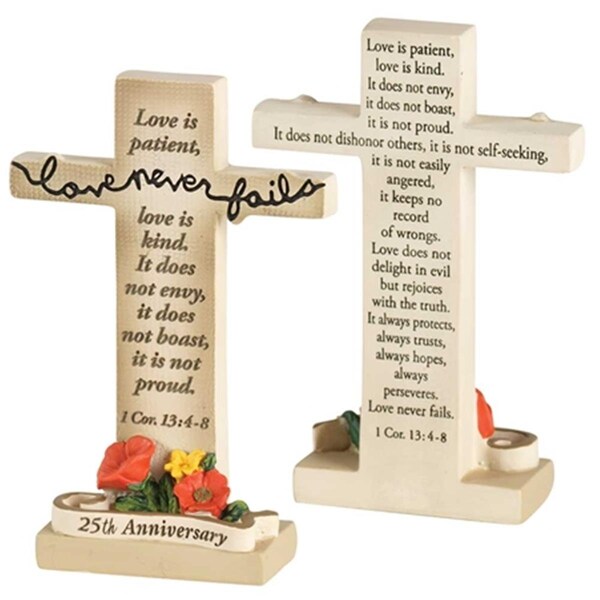 Dicksons 25 th Anniversary Love Never Fails Floral Tabletop Small Cross - TTCR801