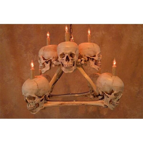Skeletons & More Skeletons & More SKUL-250 Two-Tiered Skull & Bone Chandelier with 8 Life-Size Skulls on Femur Frame - SKUL-250