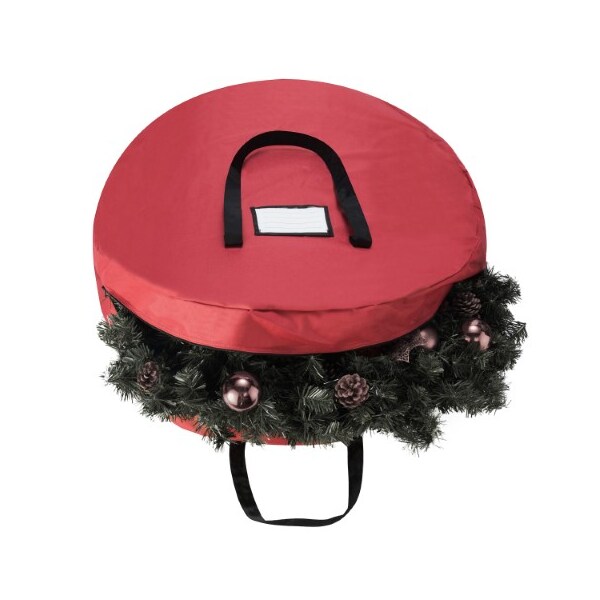 Hastings Home Wreath Storage Round Tote Bag with Handles for Holiday Artificial Garlands, Wreath, Red - 604956NGP