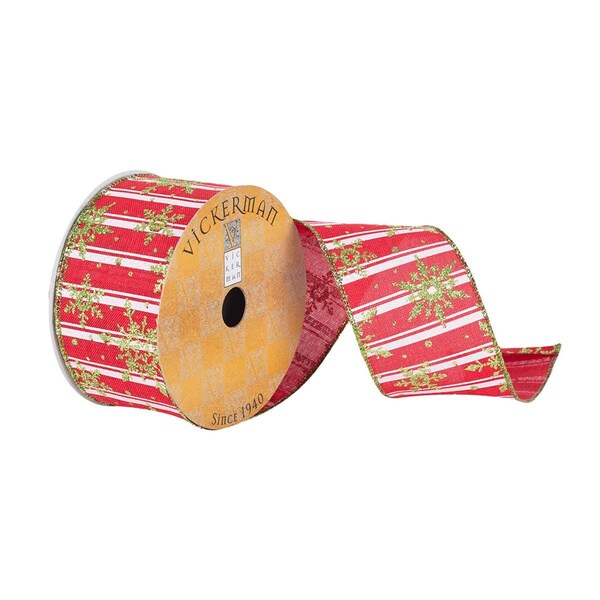 Vickerman 2.5 in. x 10 Yards Red & White Stripe Green Glitter Ribbon, 72PK - Q180686