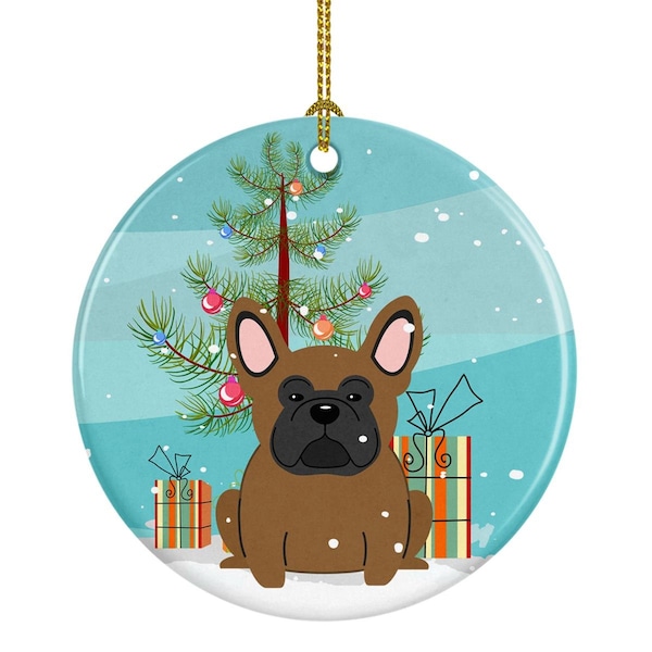 Carolines Treasures Carolines Treasures BB4138CO1 Merry Christmas Tree French Bulldog Brown Ceramic Ornament - BB4138CO1
