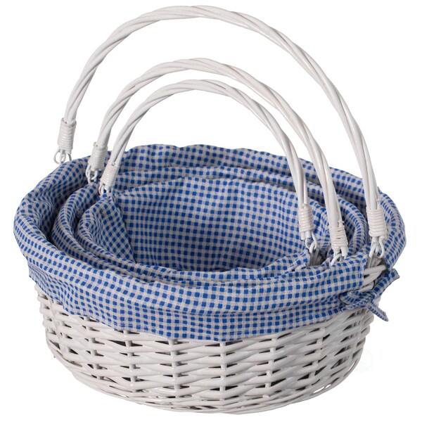 Wickerwise White Round Willow Gift Basket with Blue and White Gingham Liner and Sturdy Foldable Handles, 3 Set - QI004620.BL.3