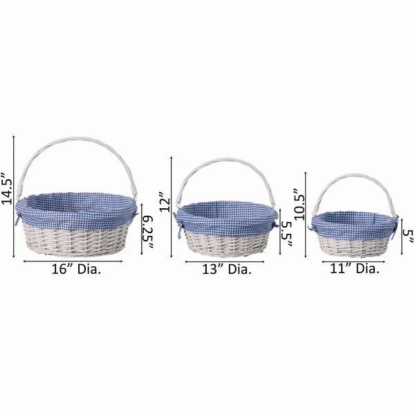 Wickerwise White Round Willow Gift Basket with Blue and White Gingham Liner and Sturdy Foldable Handles, 3 Set - QI004620.BL.3