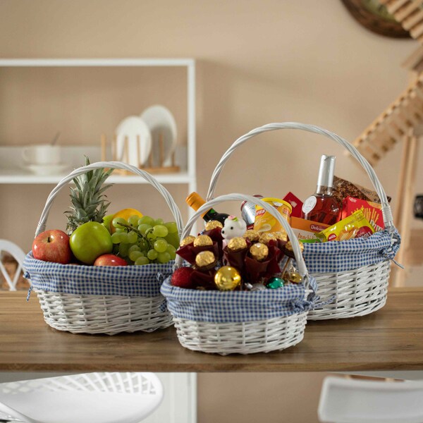 Wickerwise White Round Willow Gift Basket with Blue and White Gingham Liner and Sturdy Foldable Handles, 3 Set - QI004620.BL.3