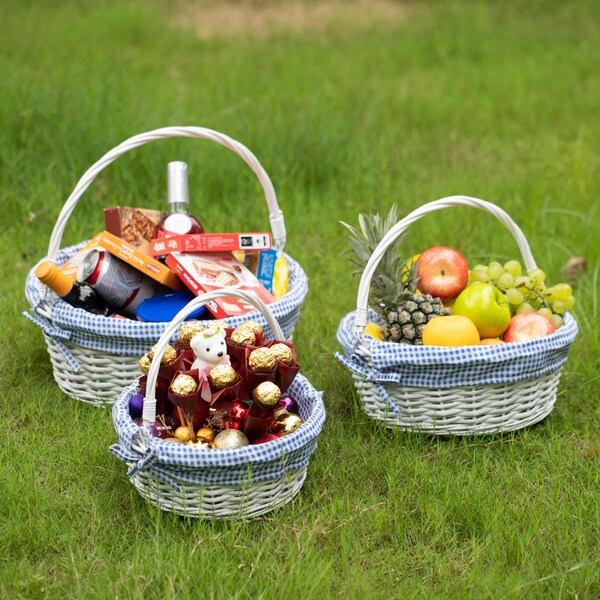 Wickerwise White Round Willow Gift Basket with Blue and White Gingham Liner and Sturdy Foldable Handles, 3 Set - QI004620.BL.3