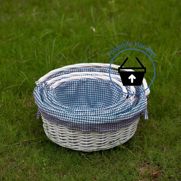 Wickerwise White Round Willow Gift Basket with Blue and White Gingham Liner and Sturdy Foldable Handles, 3 Set - QI004620.BL.3