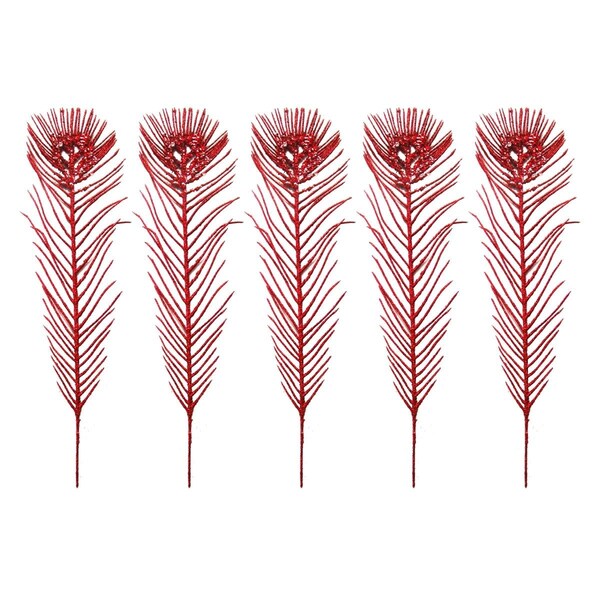 Queens Of Christmas 12 in. Glittered Peacock Feather Pick for Christmas Decoration, Red, 5PK - PCKA12-TF-RE-5PK