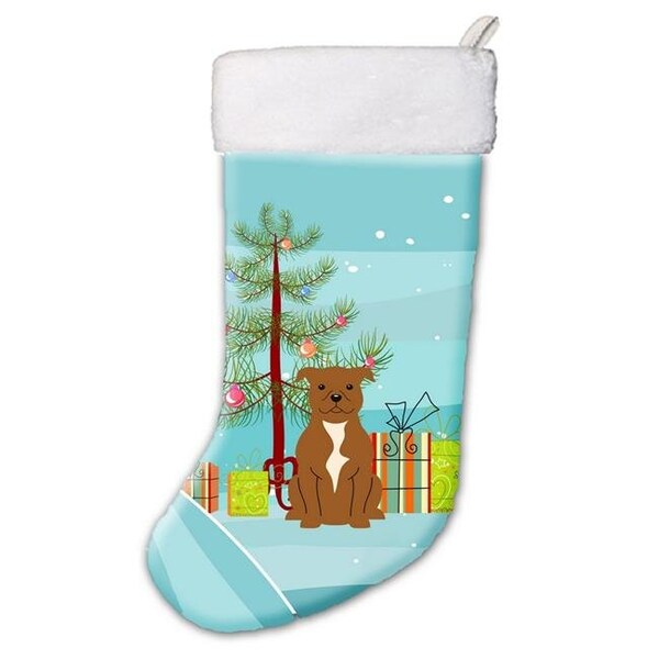 Carolines Treasures Carolines Treasures BB4172CS Merry Christmas Tree Staffordshire Bull Terrier Brown Christmas Stocking - BB4172CS