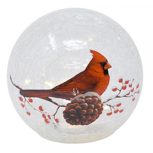 Gift Essentials 6 in. LED Crackle Glass Cardinal Globe Christmas Ornament - GE3015