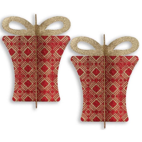Queens Of Christmas 3D-GIFT-13-RE-GO-2PK 13.5 in. 3D Christmas Gift Box, Red & Gold, 2PK - 3D-GIFT-13-RE/GO-2PK