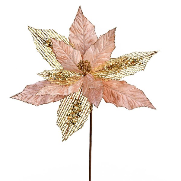 Vickerman 13 in. Rose Gold Poinsettia Mesh Glitter Spray, 6PK - QG190158
