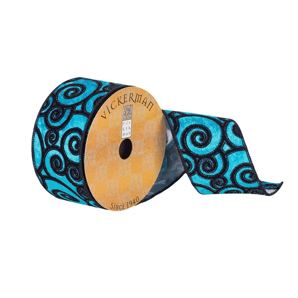 Vickerman 2.5 in. x 10 Yards Turquoise & Black Velvet Swirl Ribbon, 72PK - Q180872