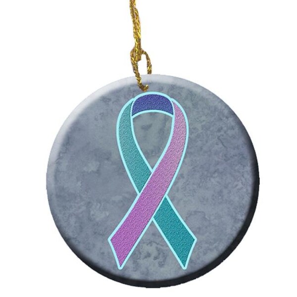 Carolines Treasures Carolines Treasures AN1217CO1 Teal; Pink and Blue Ribbon for Thyroid Cancer Awareness Ceramic Ornament; 2.81 Dia - AN1217CO1