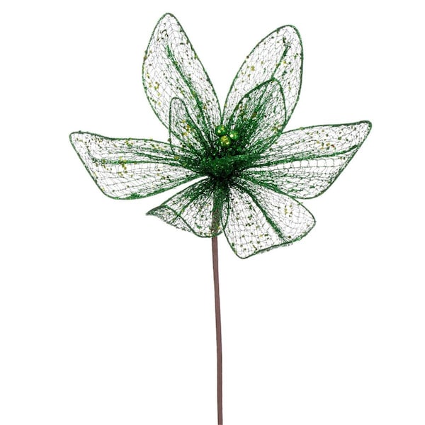 Vickerman 24 in. Mesh Glitter Sequin Poinsettia Spray, Emerald, 2PK - RG221924