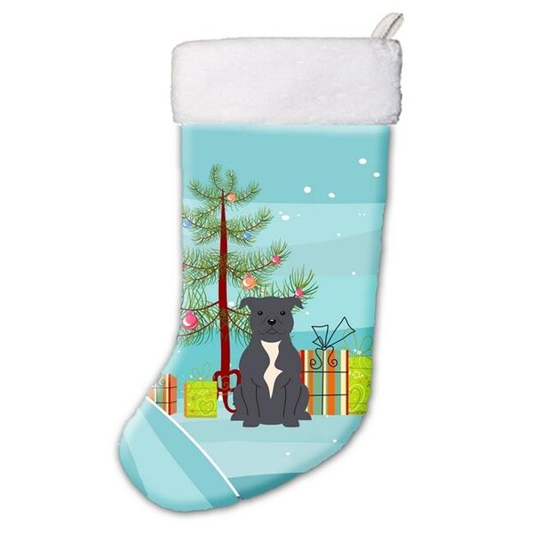 Carolines Treasures Carolines Treasures BB4171CS Merry Christmas Tree Staffordshire Bull Terrier Blue Christmas Stocking - BB4171CS