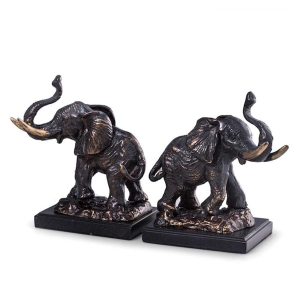 Bey Berk International Bey-Berk International R18P Cast Metal Elephant Bookends with Bronzed Finish on Black Marble Base - R18P