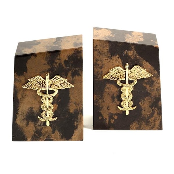 Bey Berk International Bey-Berk International R11M Tiger Eye Marble Bookends with Gold Plated Medical Emblem - Brown - R11M