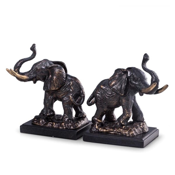 Stockage Supreme Cast Metal Elephant Bookends with Bronzed Finish on Black Marble Base - ST2537229