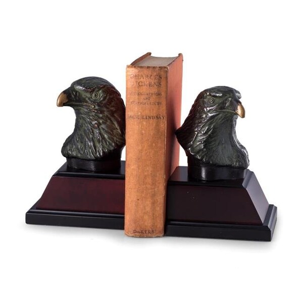 Bey Berk International Bey-Berk International R18Y Cast Metal Eagle Bookends with Bronzed Finish on Burl & Black Wood Base - R18Y