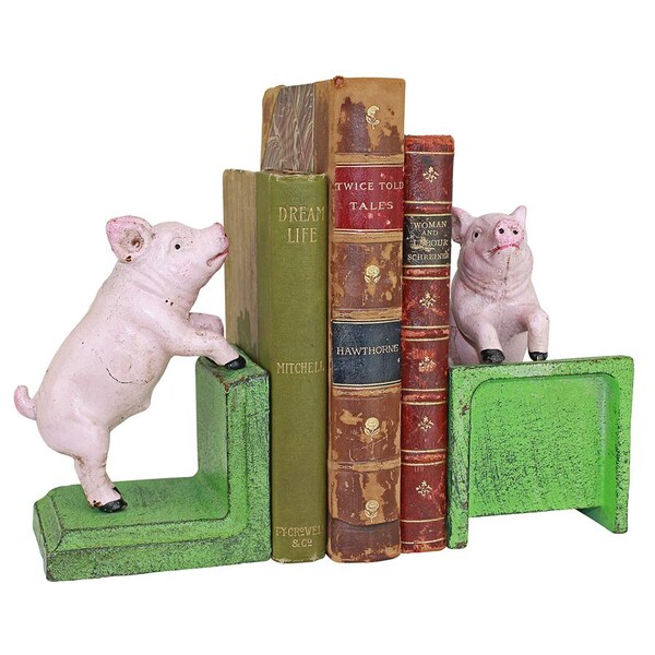 Design Toscano Piggy in a Pen Cast Iron Sculptural Bookend Pair - SP2525