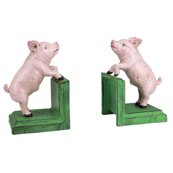 Design Toscano Piggy in a Pen Cast Iron Sculptural Bookend Pair - SP2525