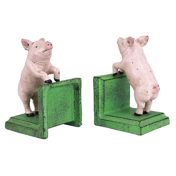 Design Toscano Piggy in a Pen Cast Iron Sculptural Bookend Pair - SP2525