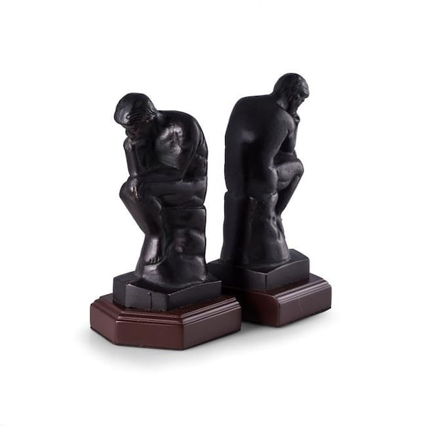 Bey Berk International Bey-Berk International R18T Cast Metal Thinker Bookends with Bronzed Finish on Wood Base; Black - R18T