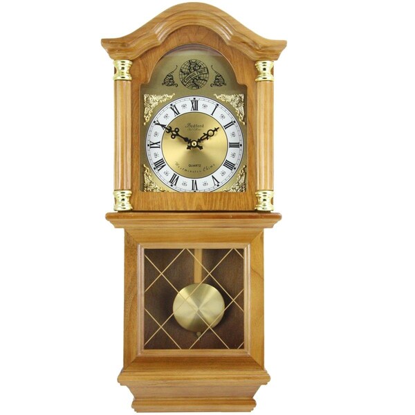 Bedford Clock Collection 26 in. Classic Golden Oak Chiming Wall Clock with Swinging Pendulum - BE336148