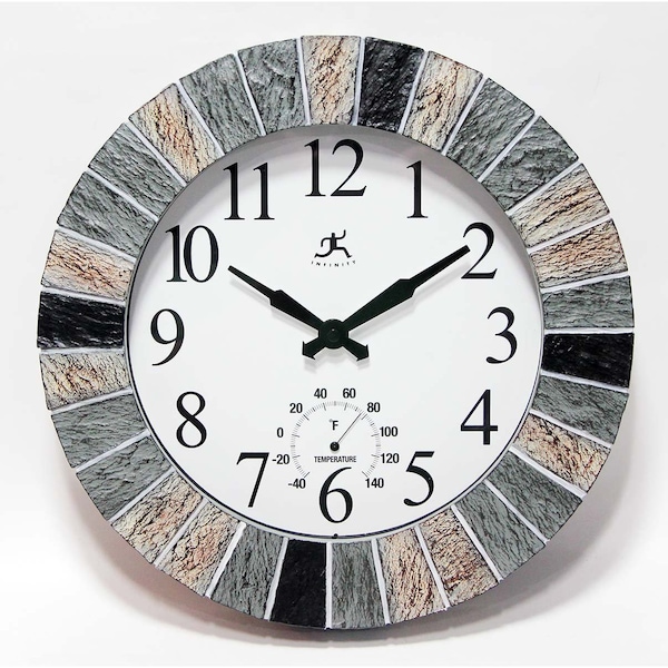 Infinity Instruments 13" In/Outdoor Faux Slate Wall Clock with Thermometer, Silent Movement - 15590ST-4339