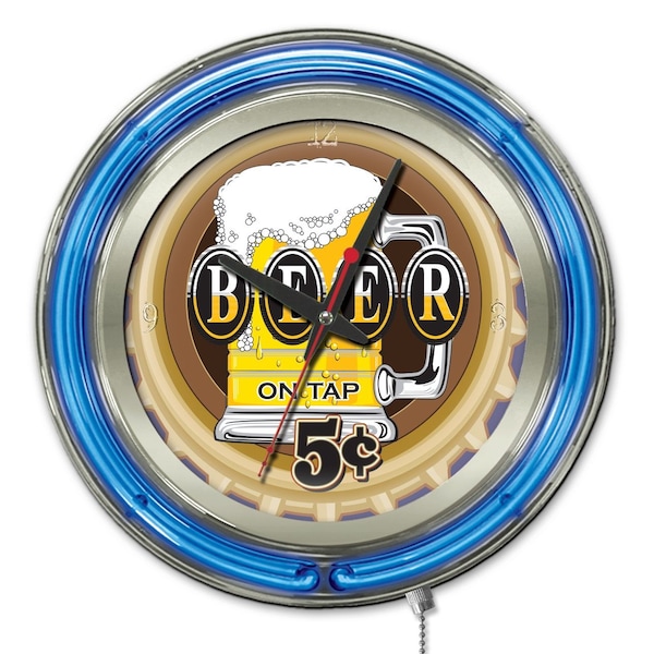 Holland Bar Stool Co Beer 5 Cents Double Neon Ring, 15" dia. Logo Clock - CLK15BEER5C