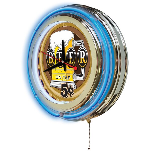 Holland Bar Stool Co Beer 5 Cents Double Neon Ring, 15" dia. Logo Clock - CLK15BEER5C