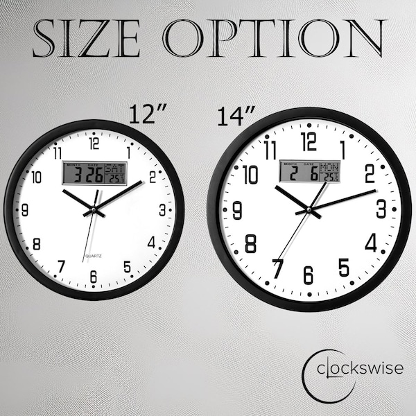 Clockswise 12-inch Wall Clock, Non-Ticking Analog & Digital with Temperature Display Battery Powered,  - QI004749.BK.12