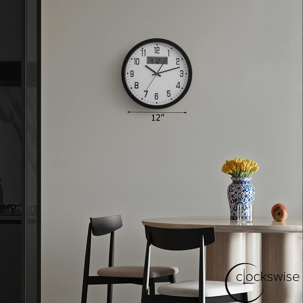 Clockswise 12-inch Wall Clock, Non-Ticking Analog & Digital with Temperature Display Battery Powered,  - QI004749.BK.12