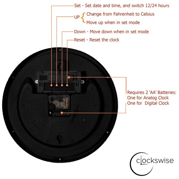 Clockswise 12-inch Wall Clock, Non-Ticking Analog & Digital with Temperature Display Battery Powered,  - QI004749.BK.12