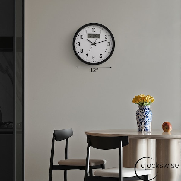 Clockswise 12-inch Wall Clock, Non-Ticking Analog & Digital with Temperature Display Battery Powered,  - QI004749.BK.12