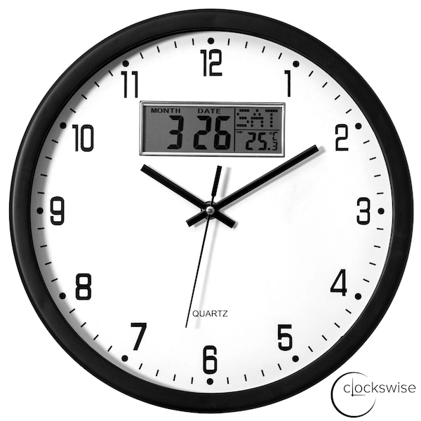 Clockswise 12-inch Wall Clock, Non-Ticking Analog & Digital with Temperature Display Battery Powered,  - QI004749.BK.12