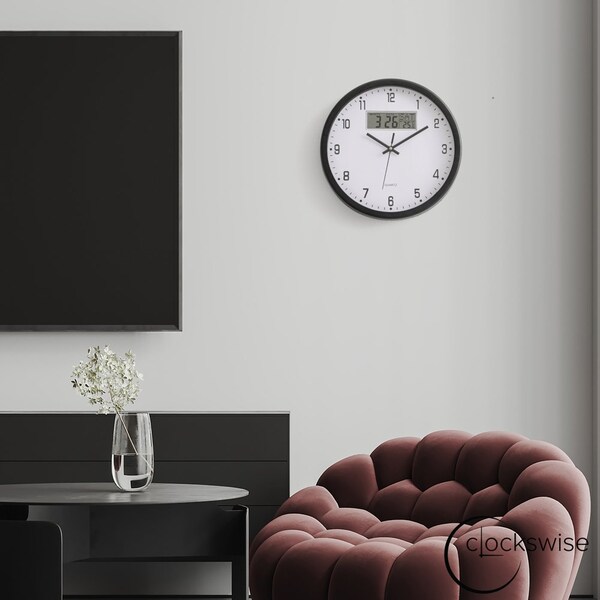 Clockswise 12-inch Wall Clock, Non-Ticking Analog & Digital with Temperature Display Battery Powered,  - QI004749.BK.12
