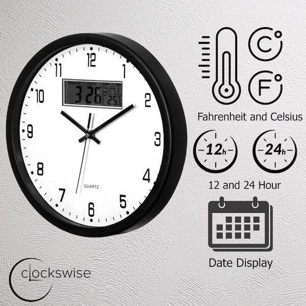 Clockswise 12-inch Wall Clock, Non-Ticking Analog & Digital with Temperature Display Battery Powered,  - QI004749.BK.12