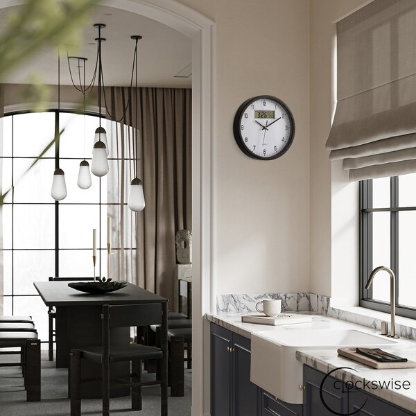 Clockswise 12-inch Wall Clock, Non-Ticking Analog & Digital with Temperature Display Battery Powered,  - QI004749.BK.12