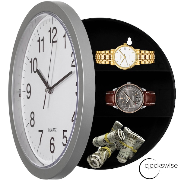 Clockswise 10-in Wall Mounted Clock with Hidden Storage Door Stylish Safe for Valuables Featuring Secret - QI004150.SI