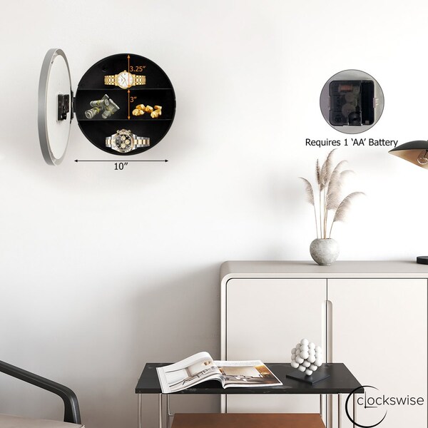 Clockswise 10-in Wall Mounted Clock with Hidden Storage Door Stylish Safe for Valuables Featuring Secret - QI004150.SI
