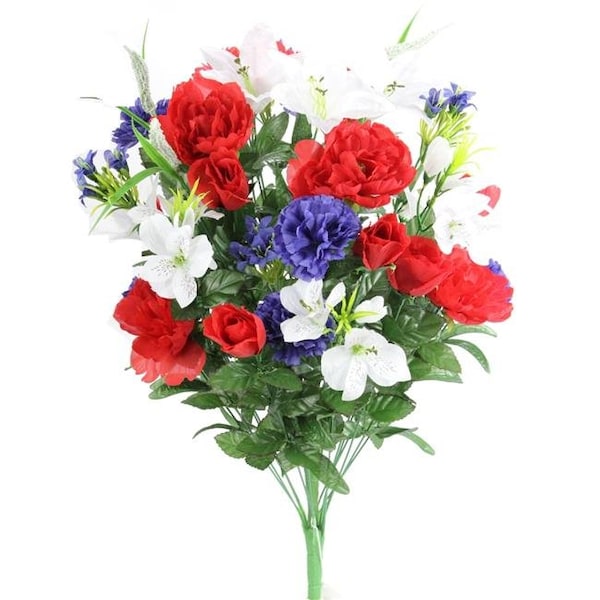 Adlmired By Nature Admired by Nature ABN1B001-RD-WT-BL 40 Stems Artificial Full Blooming Lily; Rose Bud; Carnation & Mum with Greenery Mixed Flower Bush - Red; White & Blue - ABN1B001-RD-WT-BL