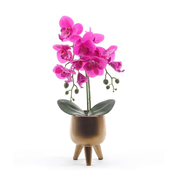 Forever Leaf Faux Purple Orchid Flower in Gold Pot - FL05106