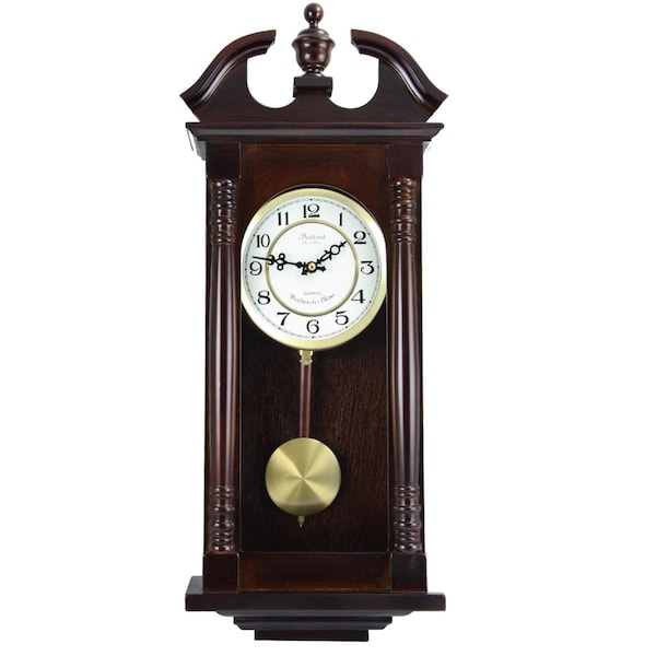 Bedford Clock Collection 27.5 in. Classic Chiming Wall Clock with Swinging Pendulum, Cherry Oak Finish - BE336147