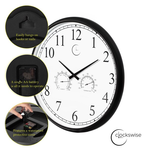 Clockswise 18-inch Large Outdoor Wall Clock Thermometer Combo, Waterproof Hygrometer Silent Battery - QI004732
