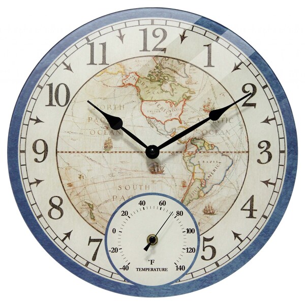 Infinity Instruments Orbis All Weather Clock - 14" Round World Map, Built-in Thermometer, Indoor/Outdoor - 20178